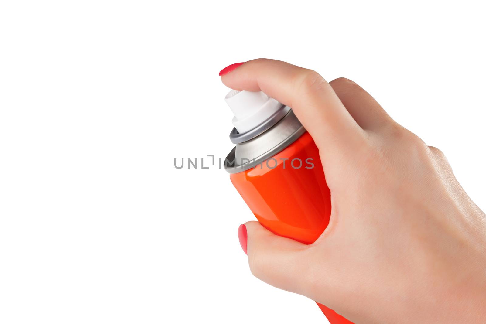 Red spray can isolated on white background on woman hand by SlayCer