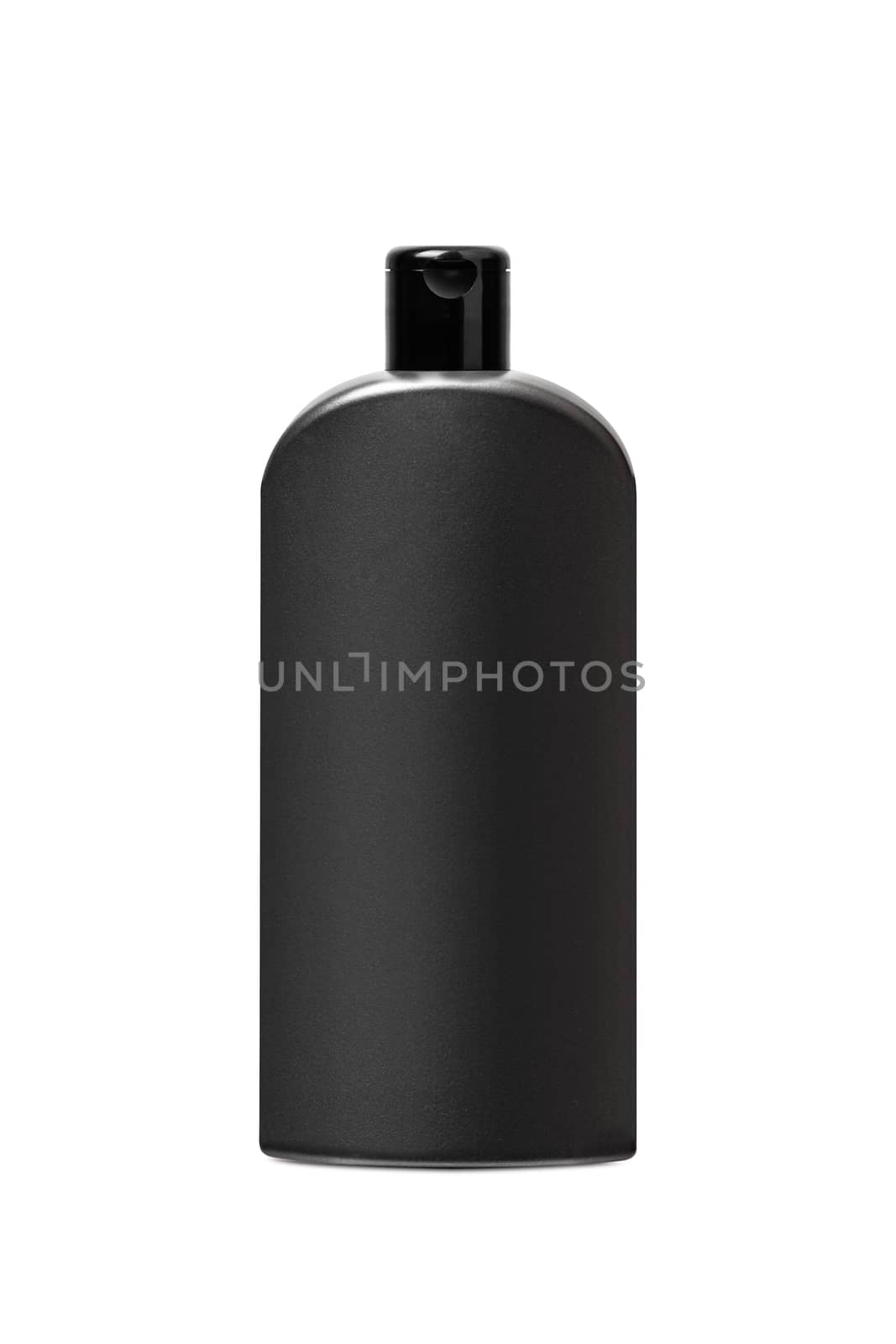 Black plastic bottle for shampoo or cosmetics, isolated on white background. Clipping Path