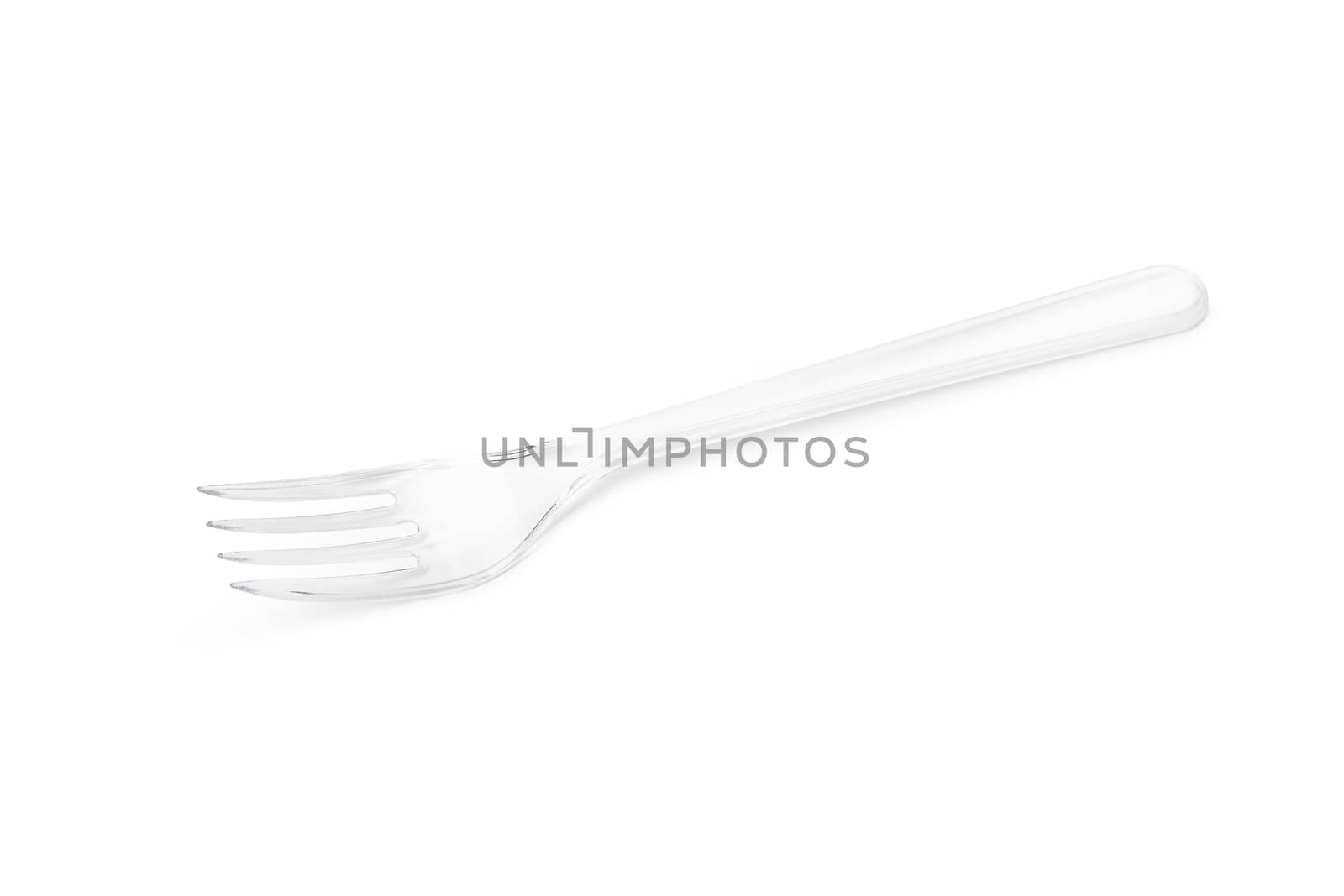 Transparent plastic fork isolated on white background. Close up. With clipping path
