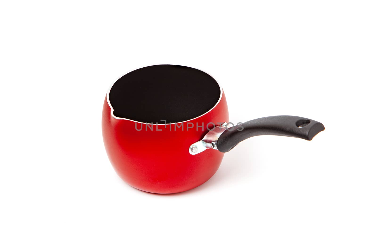 Empty Non-stick red Cooking Pot or Saucepan hat with a long handle, isolated on white background.
