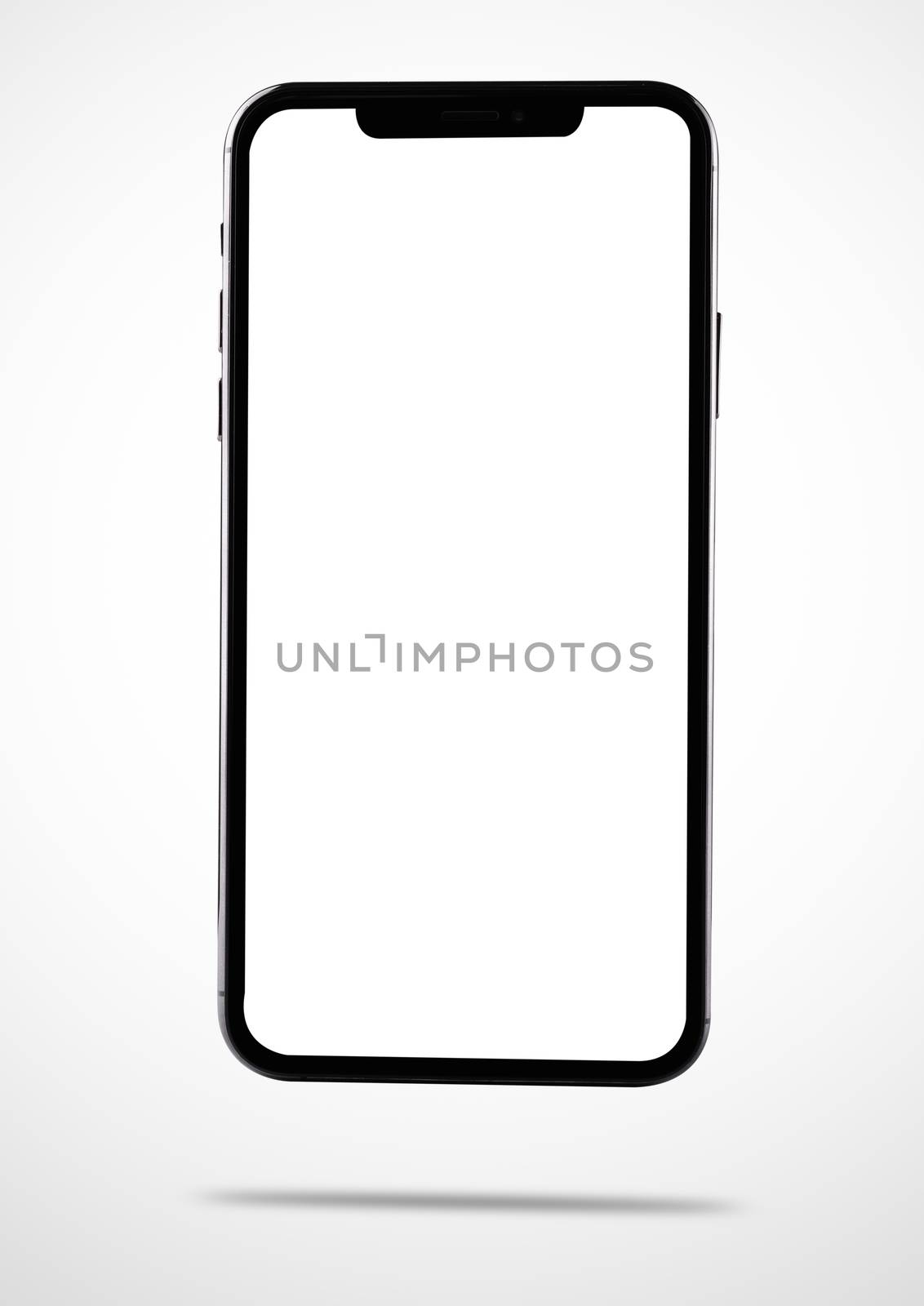 Closeup modern digital black Smartphone mobile mock up blank front screen isolated on white background, no clipping path