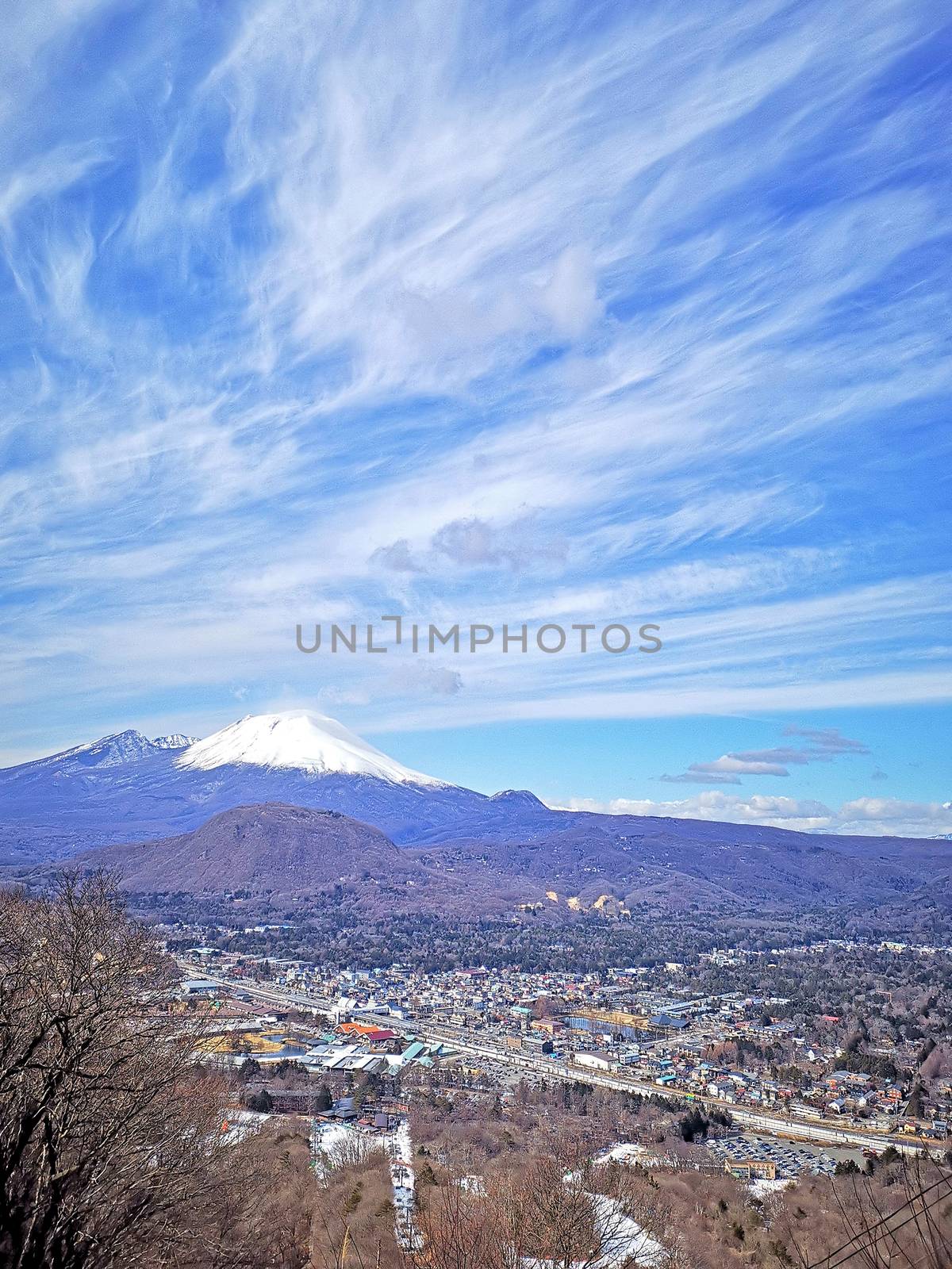 The town, cloudscape,  Fuji mountain, residential buildings in Japan countryside