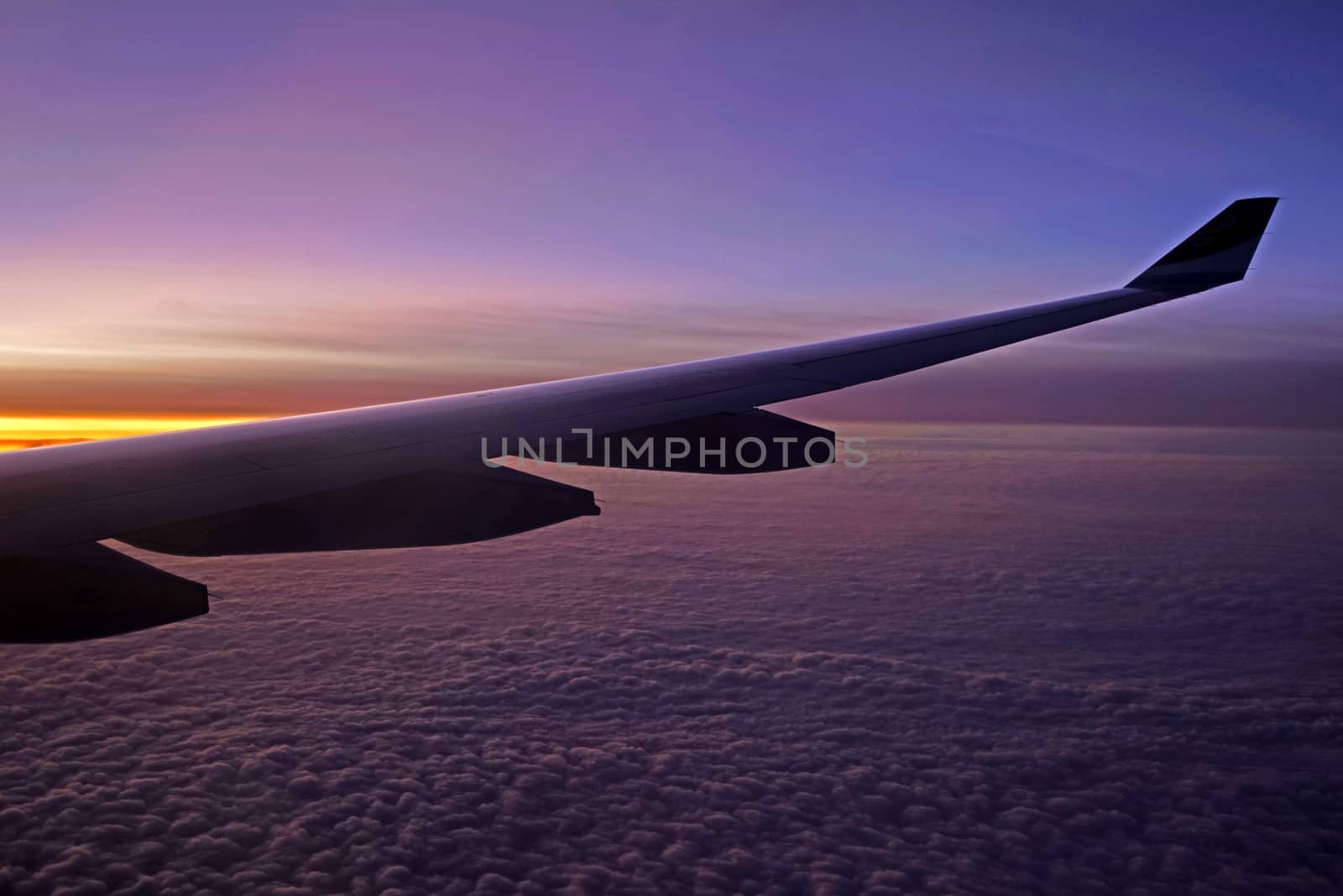 The plane, aeroplane wing, clouds,  gradient sky from aerial view