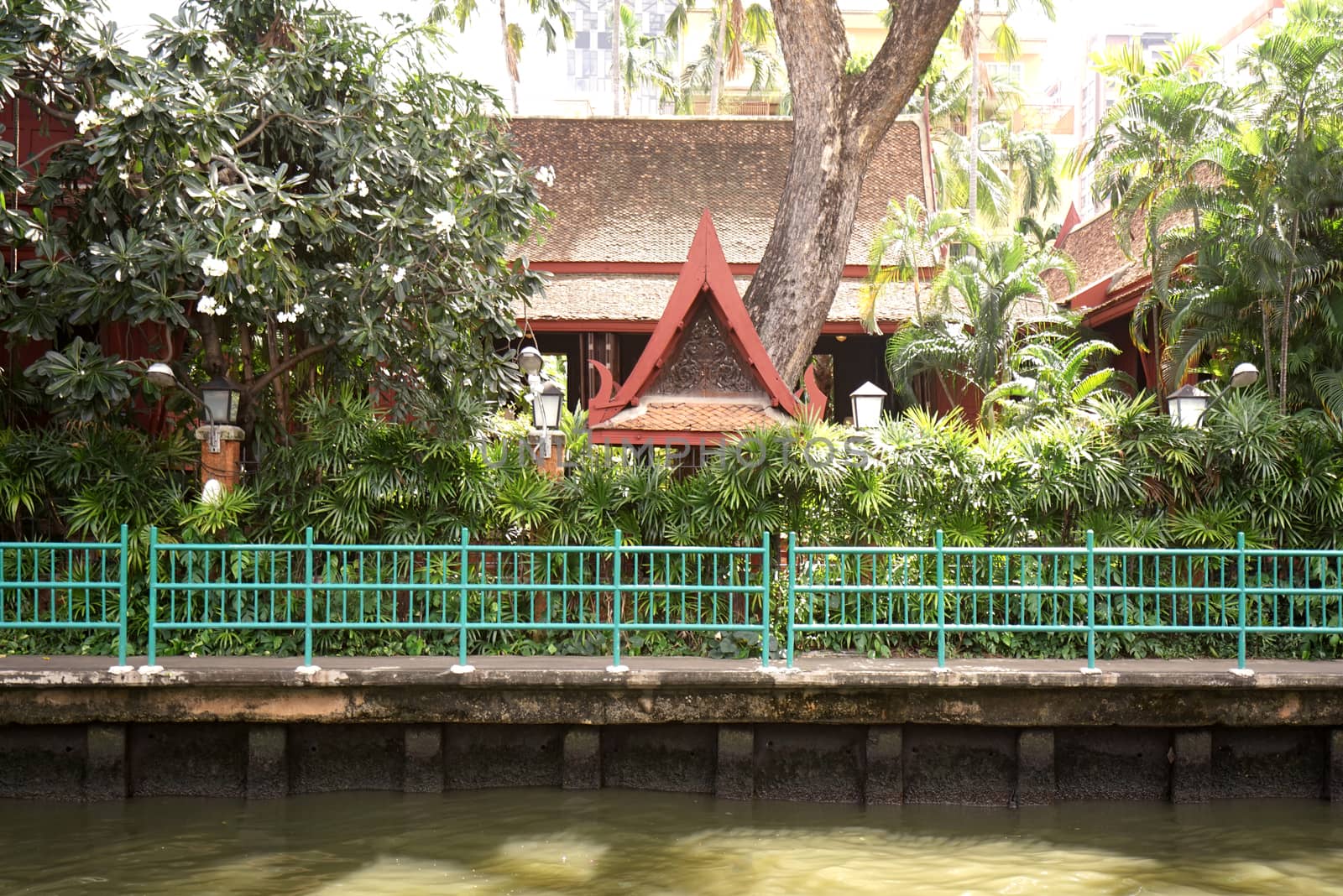The Thailand temple, river, footpath and tree at daytime