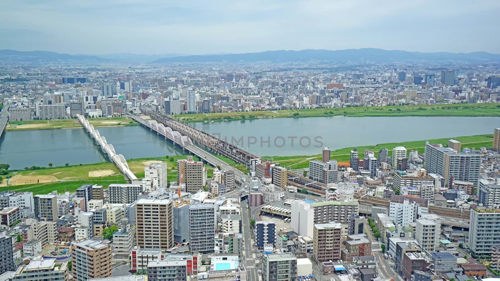 Japan Osaka cityscape, commercial and residential building, road aerial view