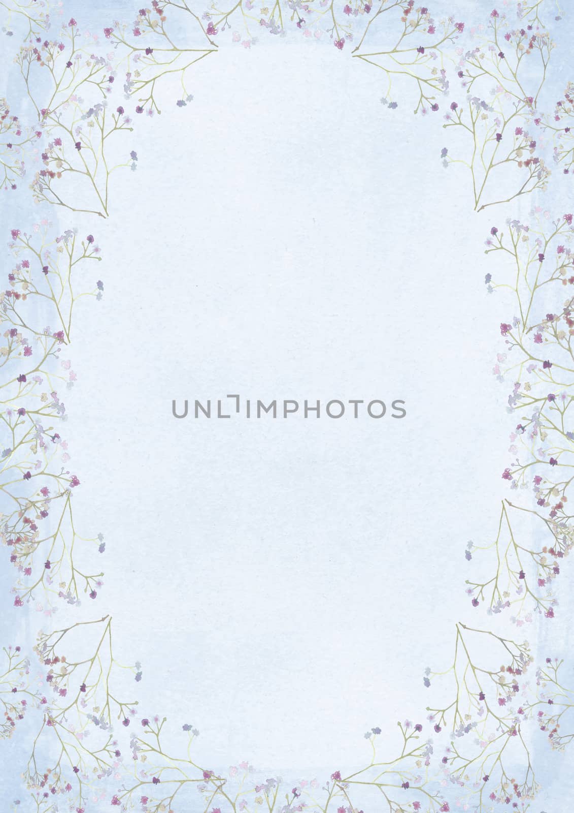 The vertical gradient blue grunge retro style paper background with purple flower drawing border