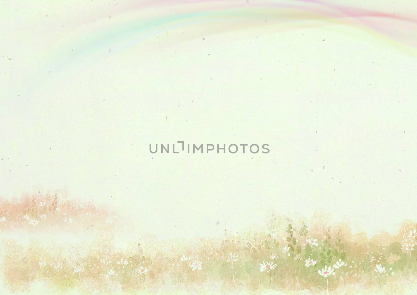 The elegant fairy tale textured blue blank template paper background with rainbow, green plants and flowers border