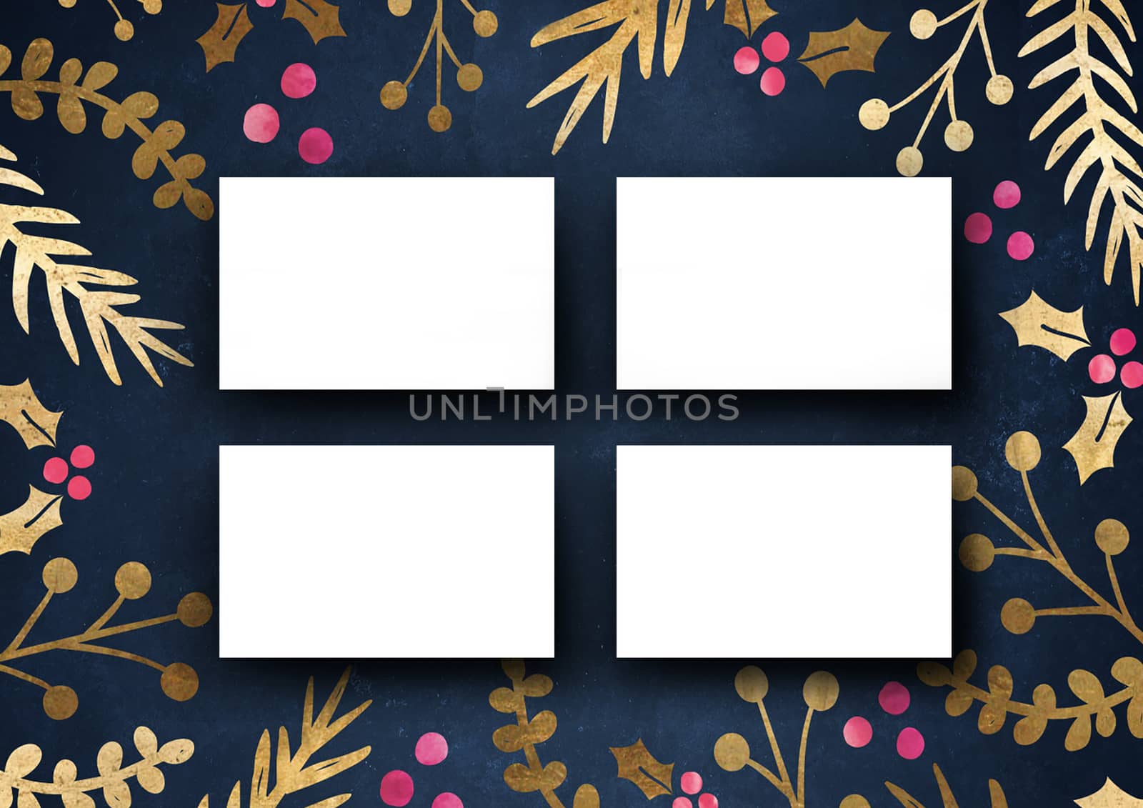 The business card mock-up template dark blue grungy background with elegant floral border