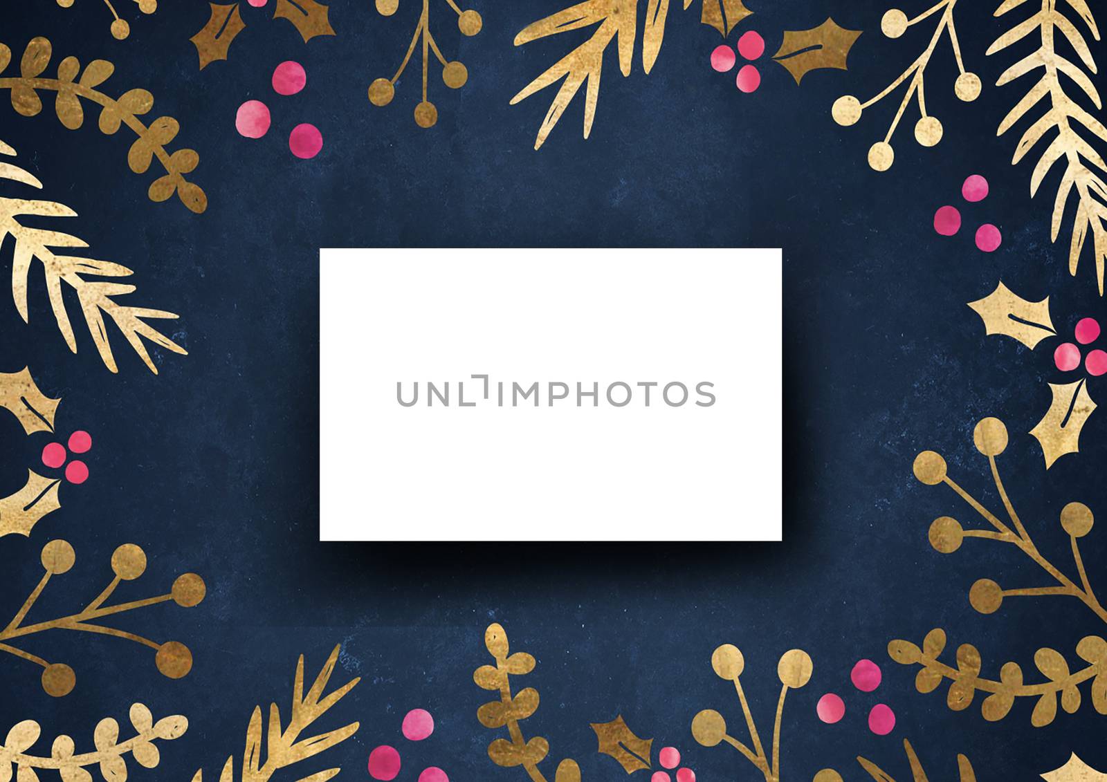 The business card mock-up template dark blue grungy background with elegant floral border