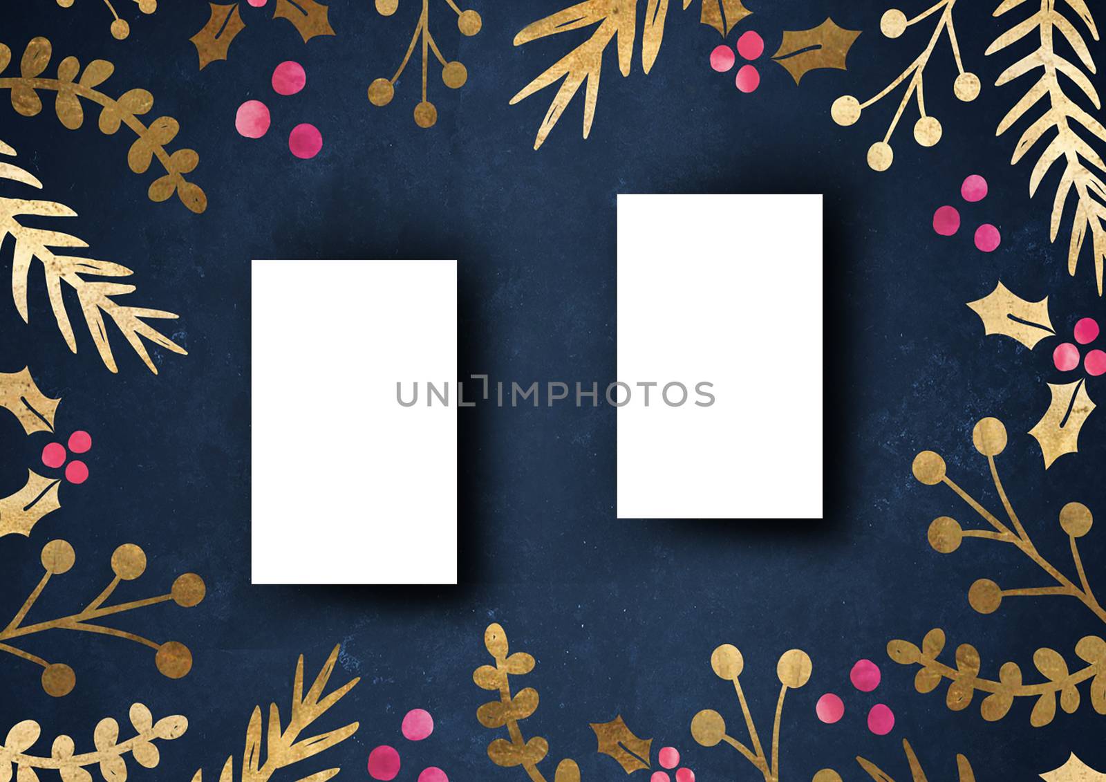 The business card mock-up template dark blue grungy background with elegant floral border