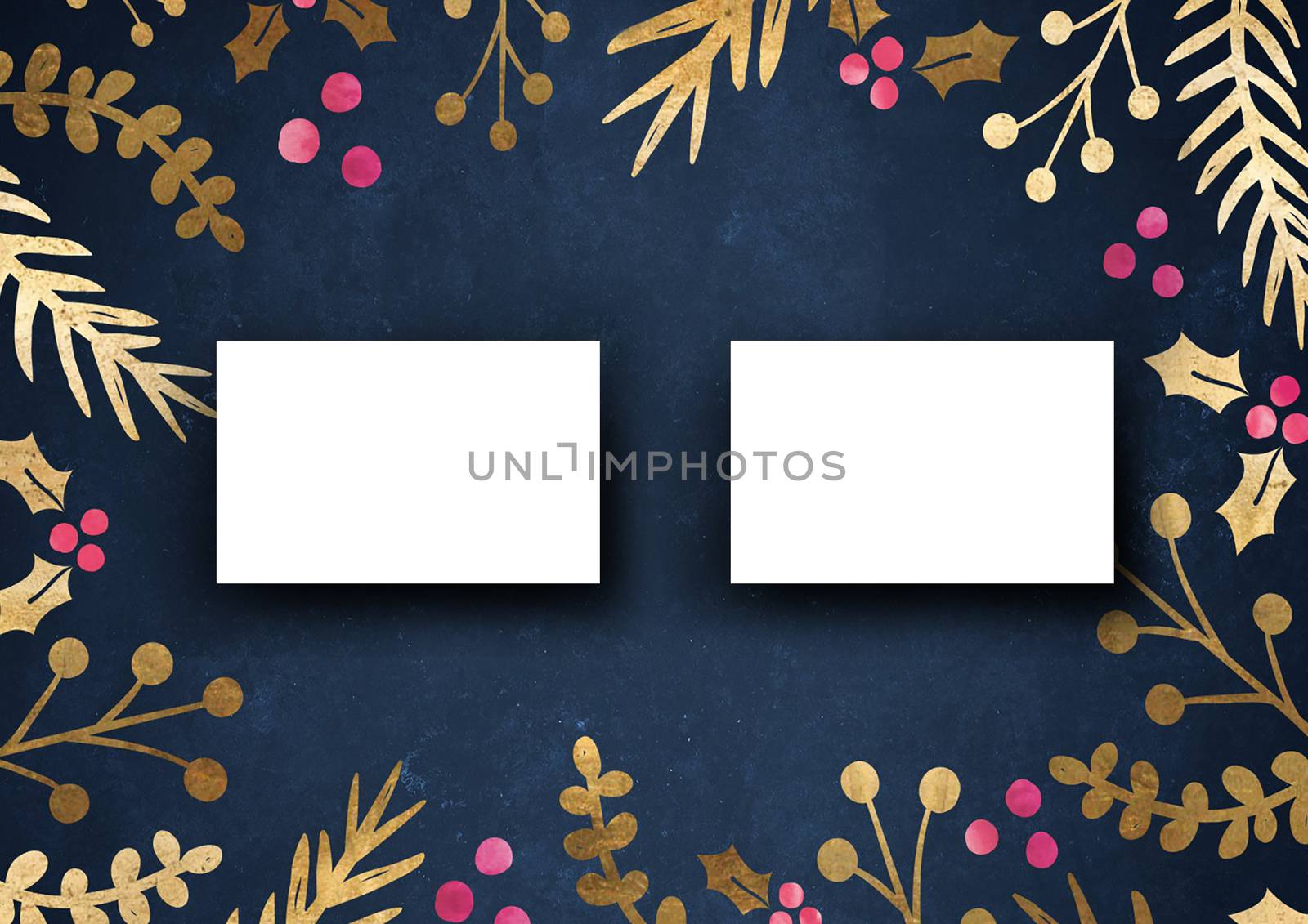 The business card mock-up template dark blue grungy background with elegant floral border