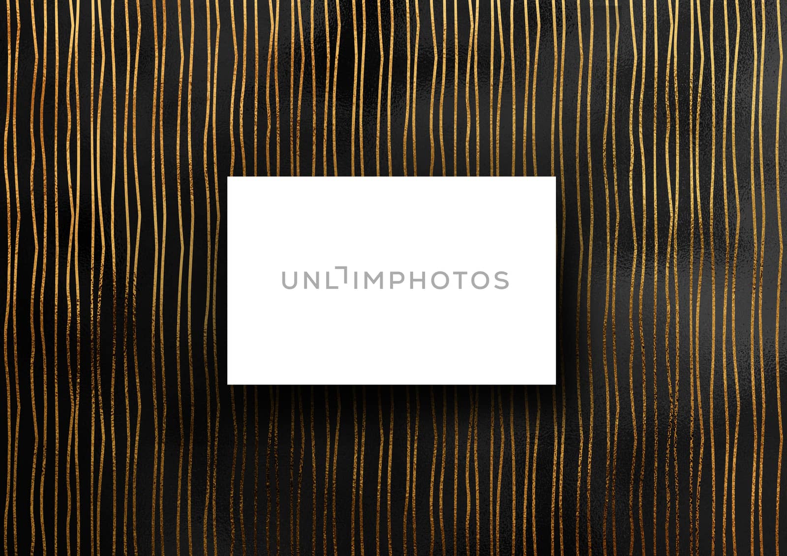 The business card mock-up template with gold glitter crooked and wavy line pattern fashion dark paper background