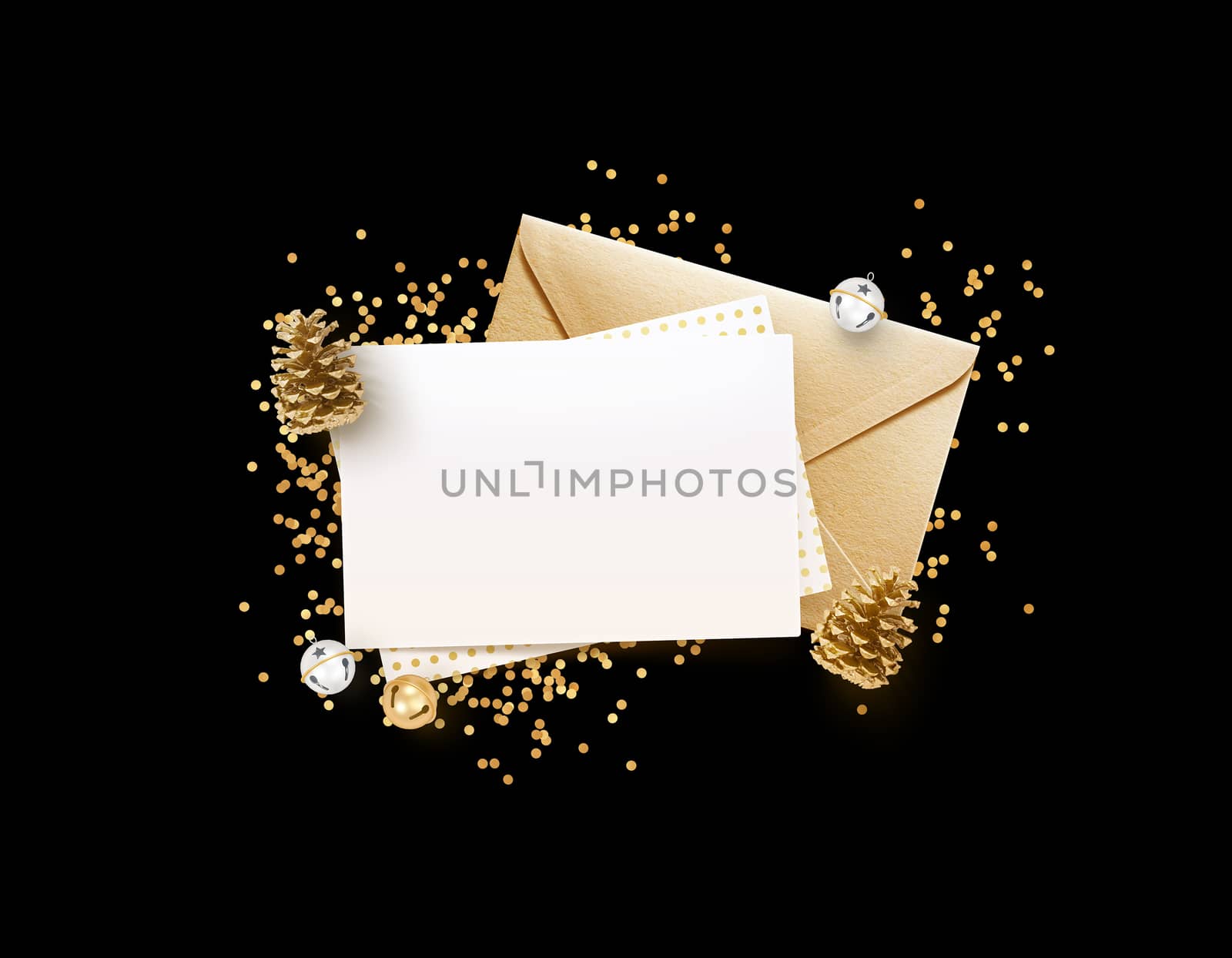 Eleglance stylish golden envelope and blank memo paper mock up design template with Christmas decoration 