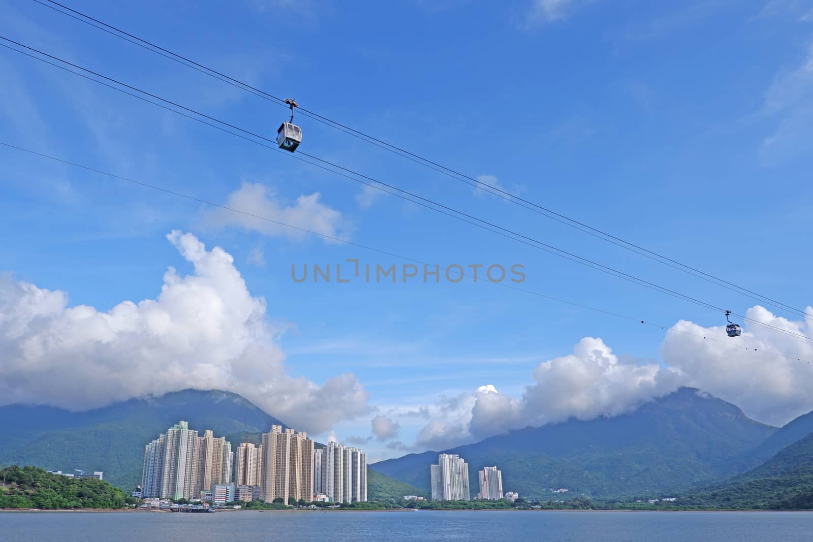 The transportation tool mountain cable car and residential buildings in Hong Kong