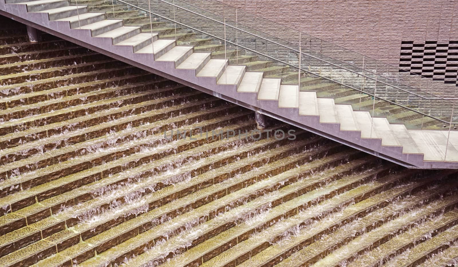 The outdoor waterfall staircase decoration background in the park