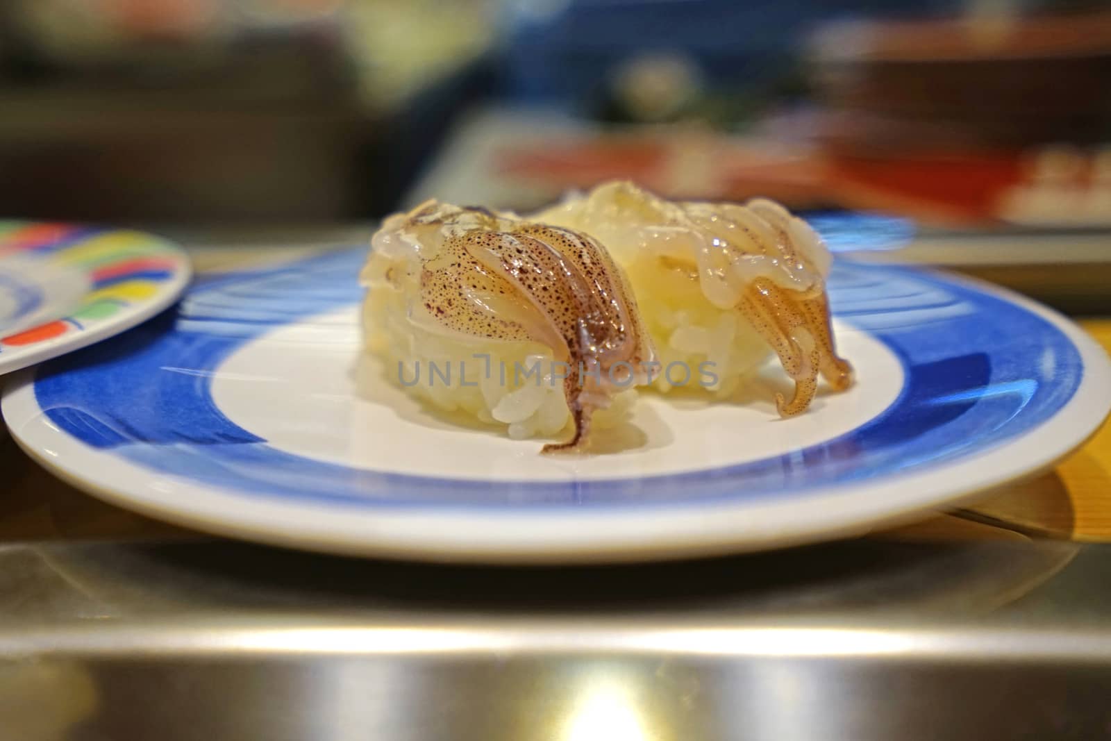 Cuttlefish Yariika Nigir sushi on white dish in Japanese restuarant