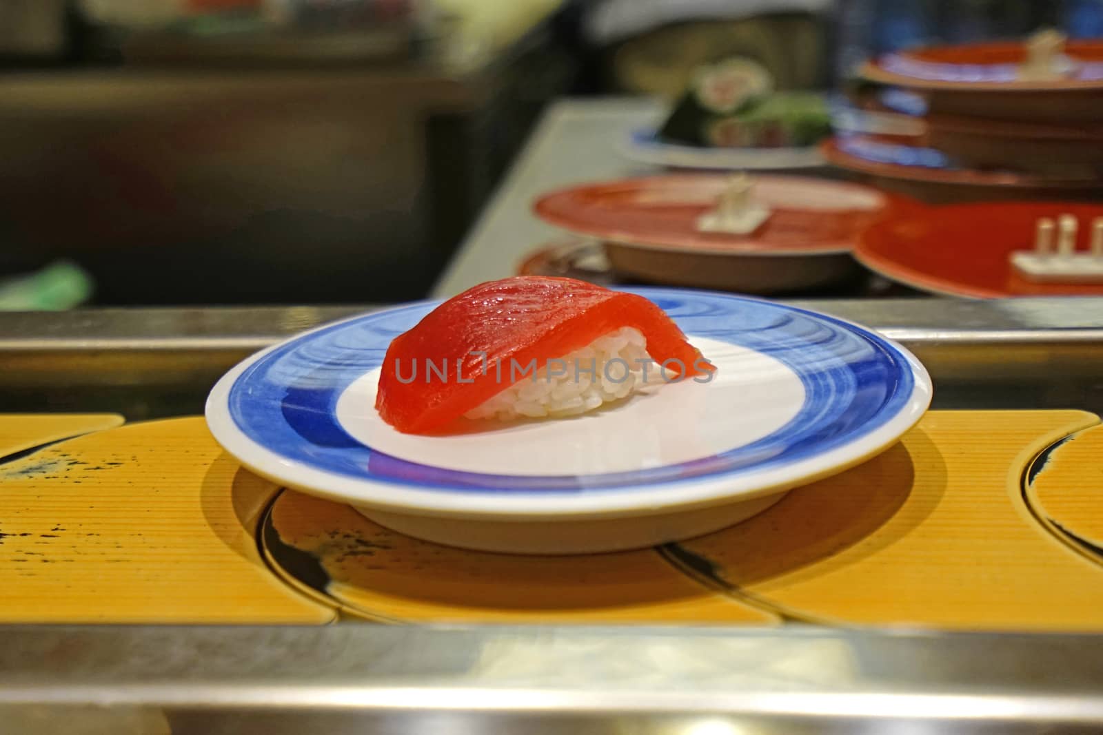 Hoshi fish sushi on white dish in Japanese restuarant by cougarsan