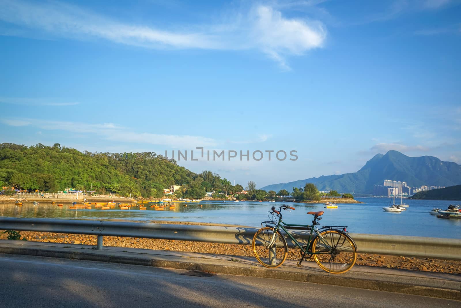 Retro bicycle with brown leather seat, mountains, lake, blue sky by cougarsan