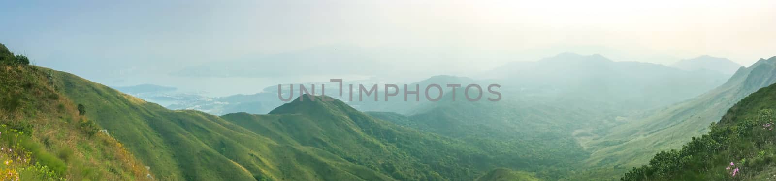 The green mountains and ocean in panorama view
