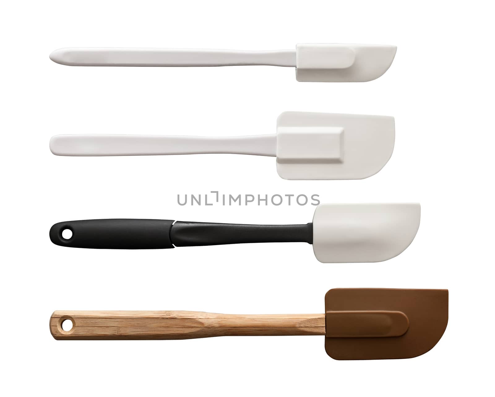 Isolated kitchenware wooden and plastic rubber scraper set for baker top view