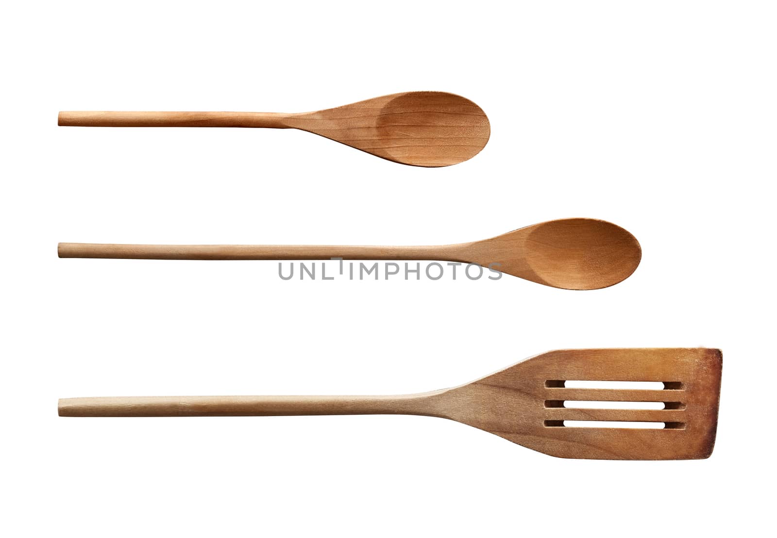 Isolated kitchenware wooden salad spoon collection set top view