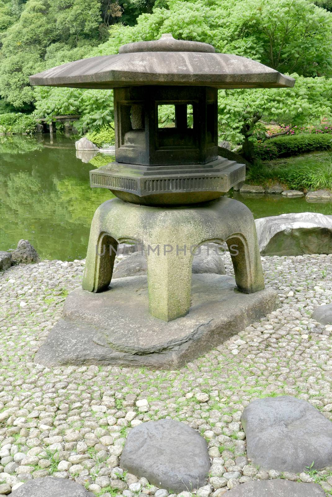 Japanese outdoor stone lantern in the zen garden
