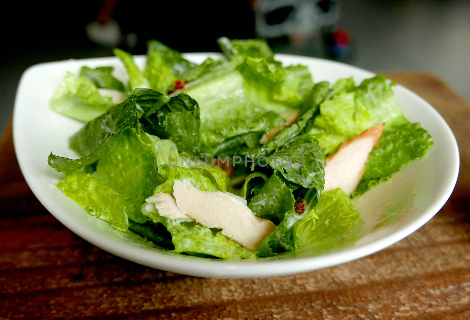 Chicken, meat, lettuce delicious ceasar salad in white dish by cougarsan