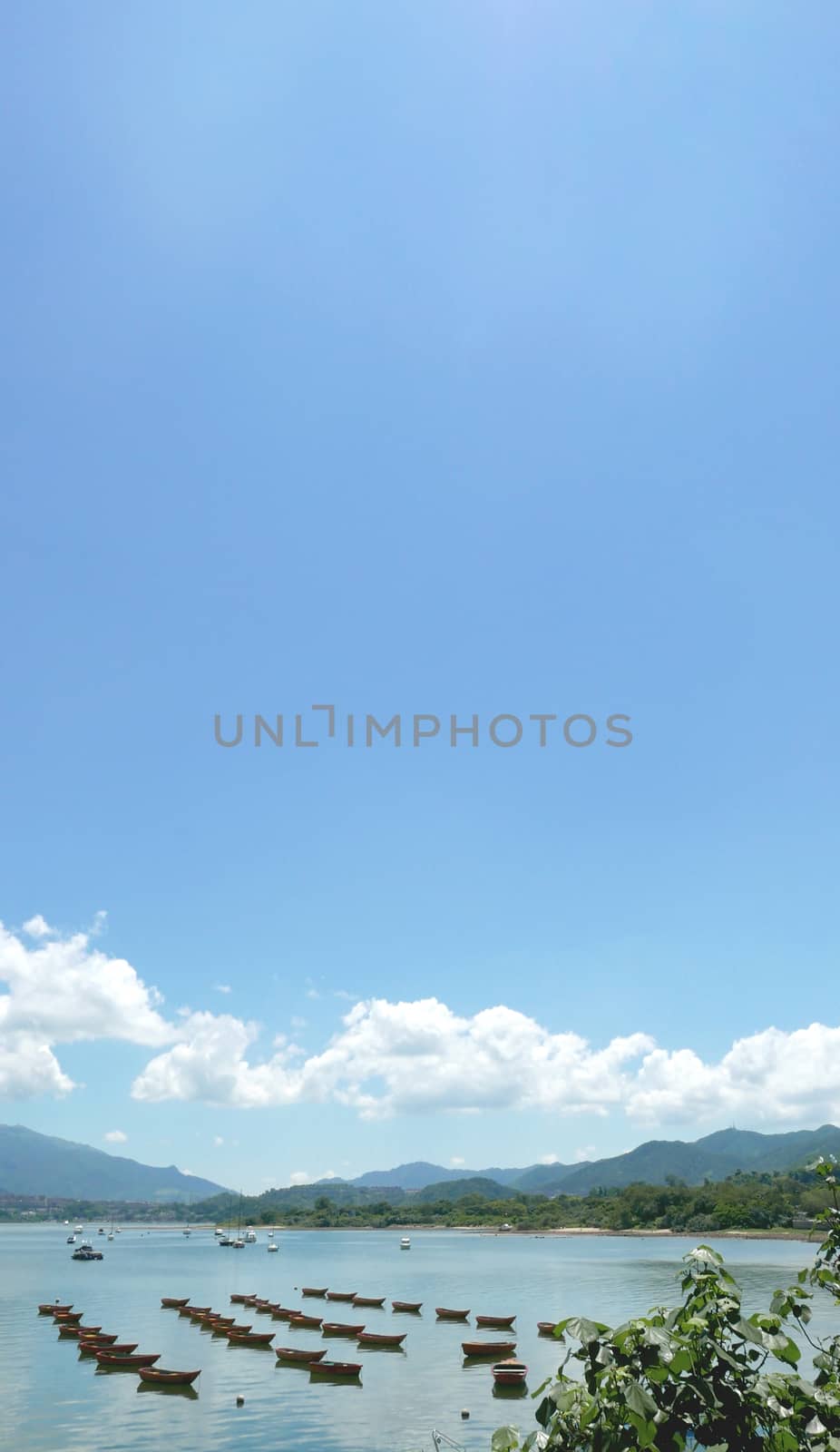 Vertical recreational Boat, lake, white cloud and blue sky by cougarsan