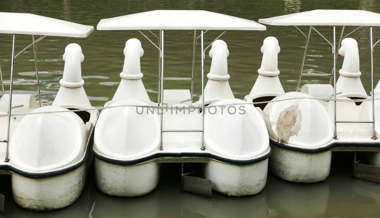 The back of vintage white duck recreation boat on the lake