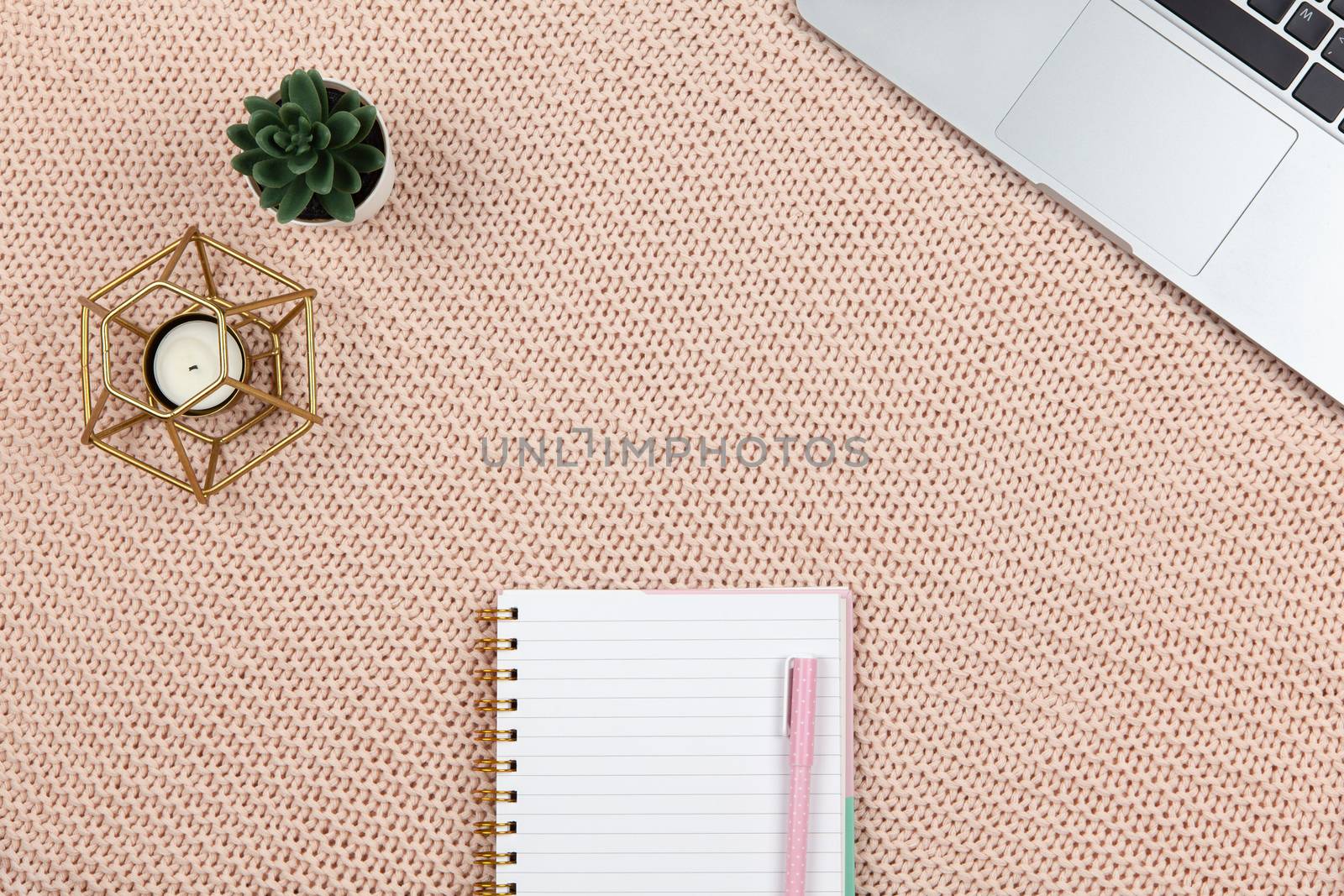Work from home concept. Modern female working space, top view. Laptop, cactus, candle, notebook on knitted blanket, copy space, flat lay. Desktop of freelancer. Frame of objects. Horizontal by ALLUNEED