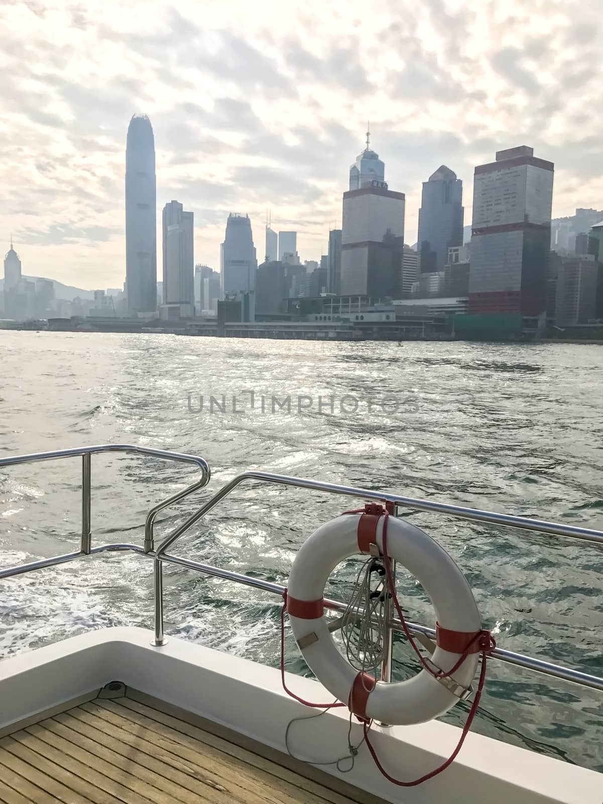 Hong Kong building and bay from the white yacht