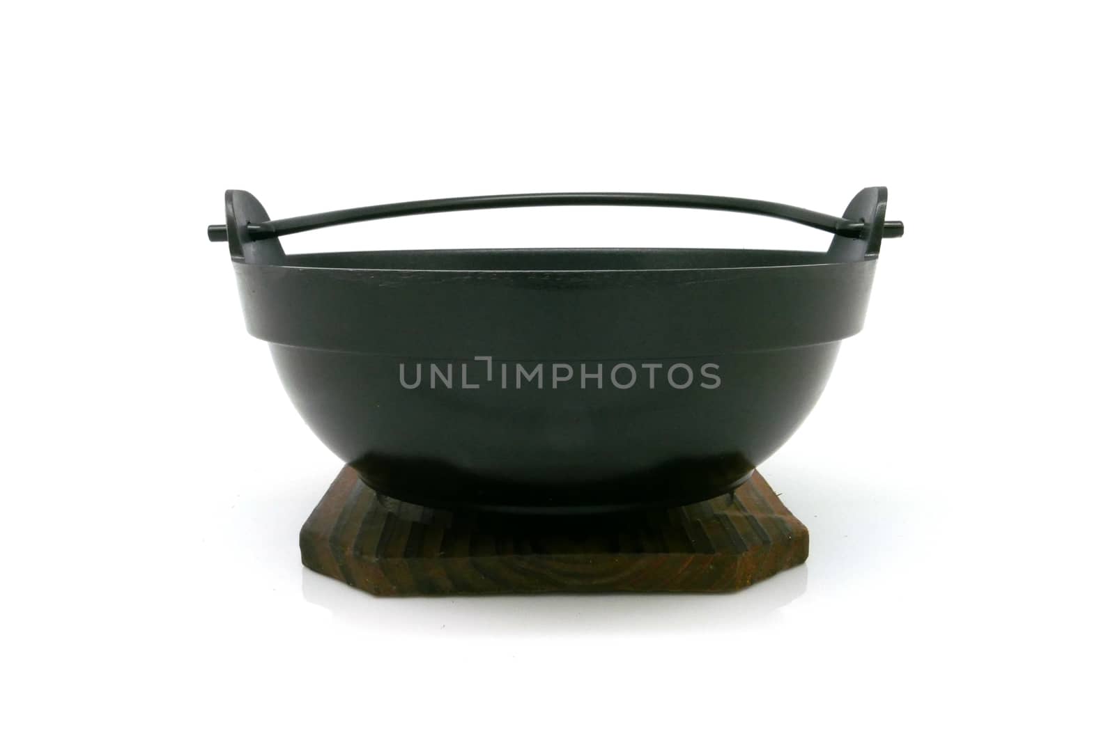 black metal handle bowl with wooden tray on white background by cougarsan