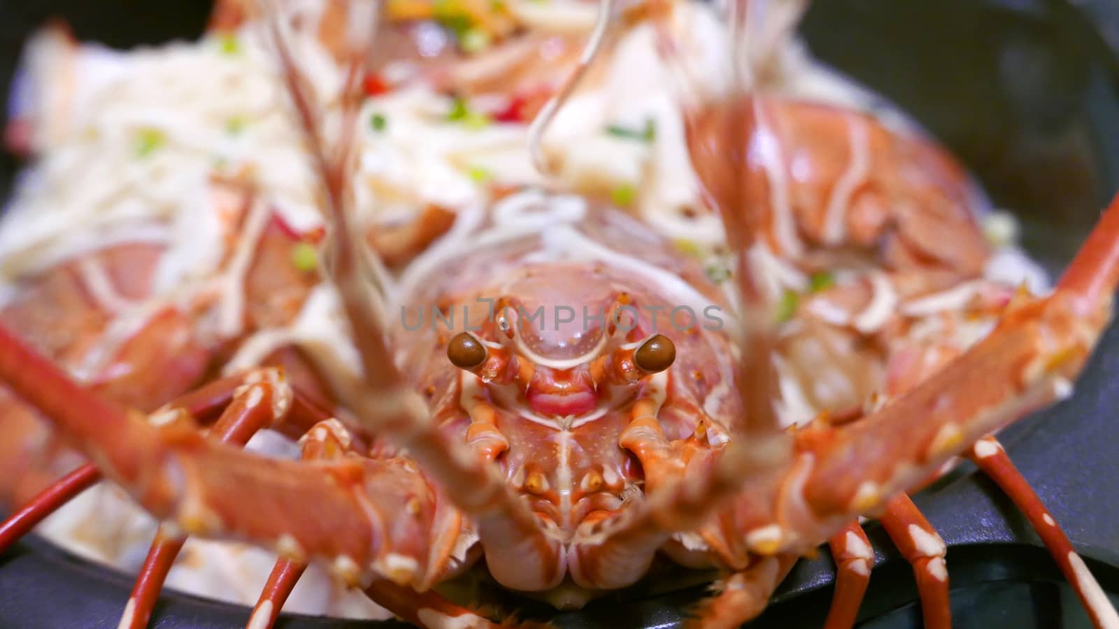 Homemade lobster noodles with cheese in the black bowl