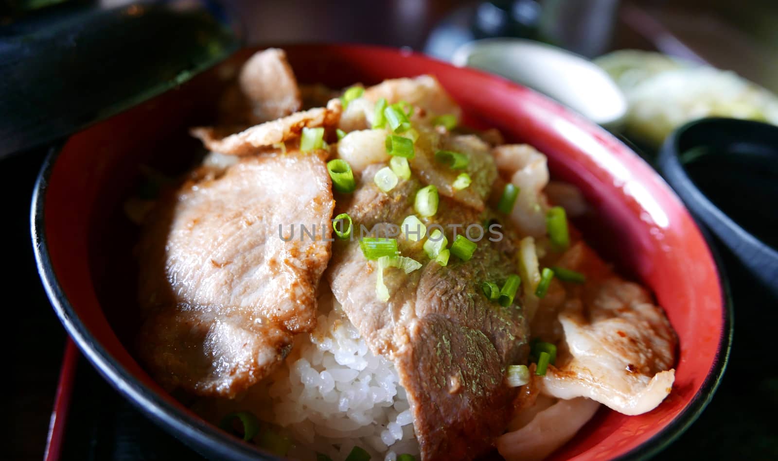 Japanese meal set pork rice on the tray by cougarsan