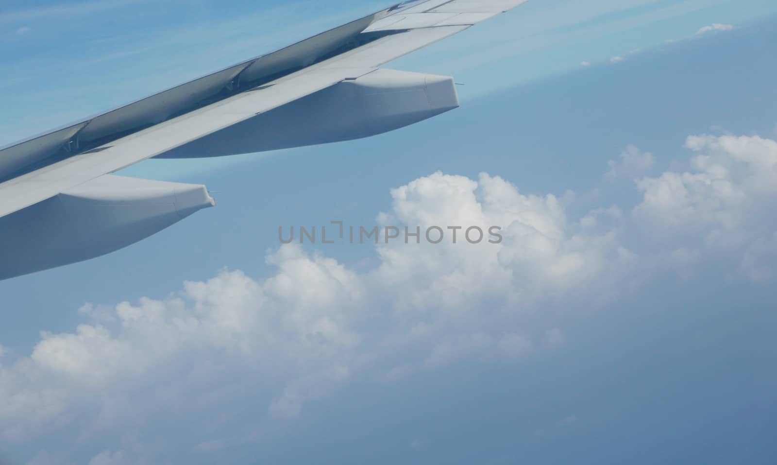 Airplane wing, white cloud and clean blue sky by cougarsan