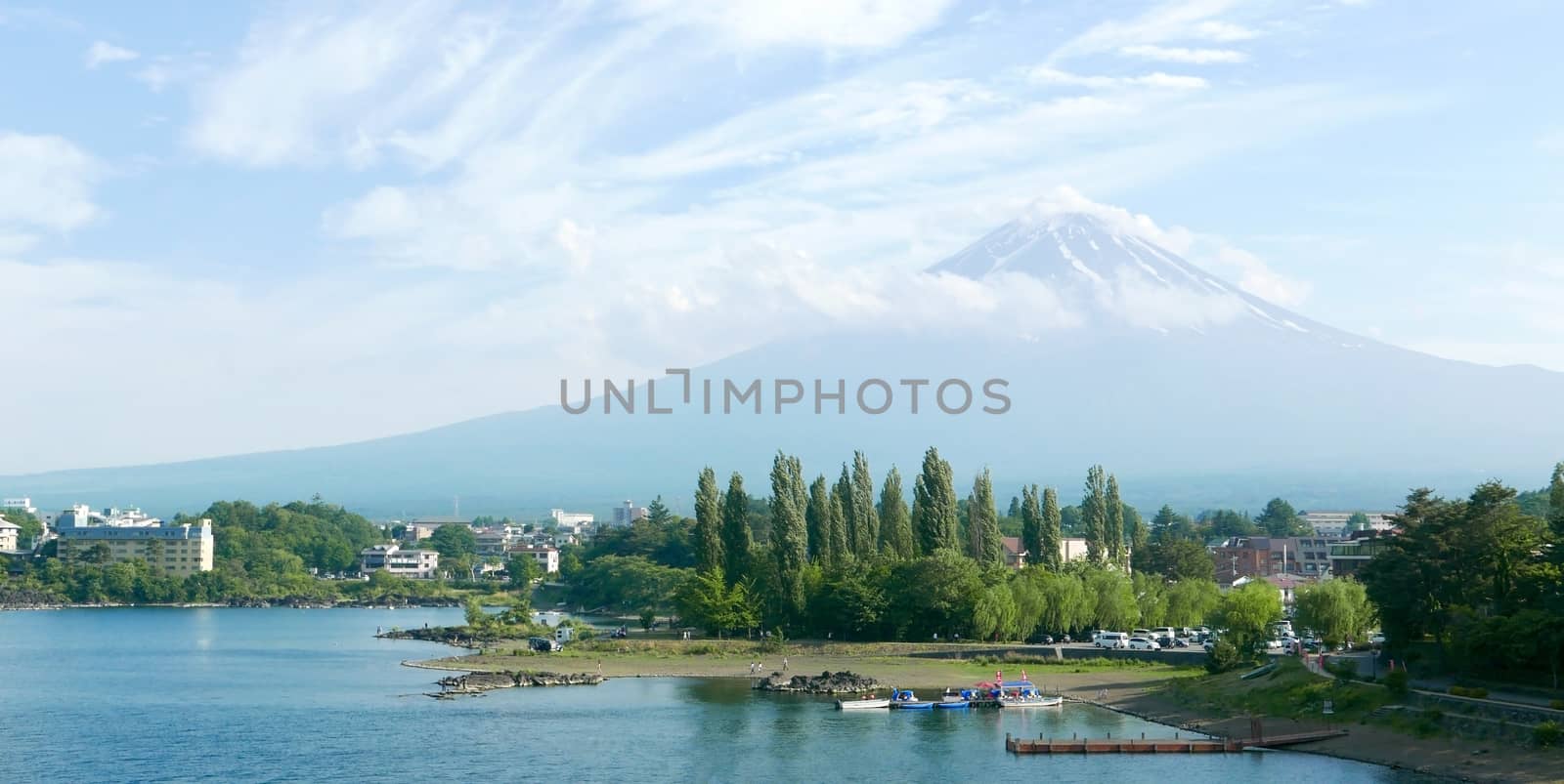 Japan Mt. Fuji Fujiyama Mountain, lake and blue sky with nice clouds by cougarsan