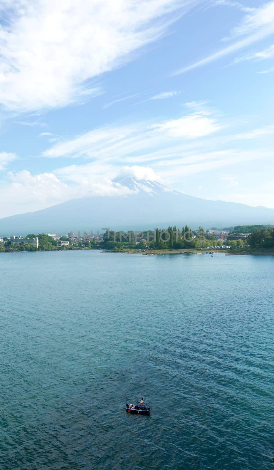 Vertical Fujiyama Mountain, recreational boat and lake by cougarsan