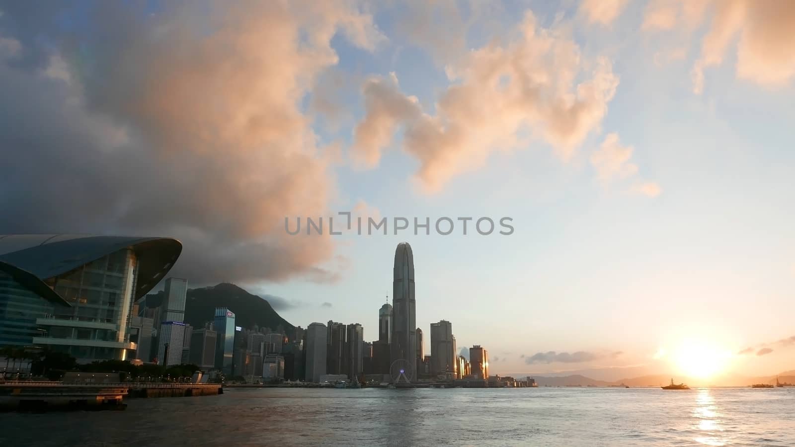 Hong Kong Victoria River and buildings at sunset