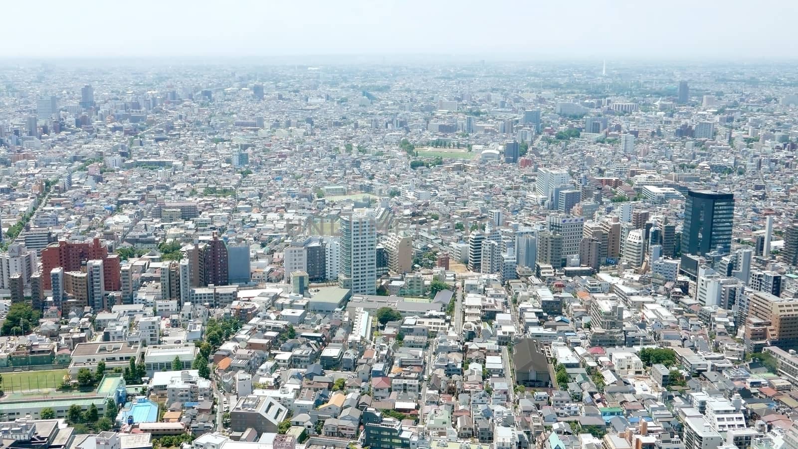 Japan Tokyo cityscape, commercial and residential building, road aerial view by cougarsan