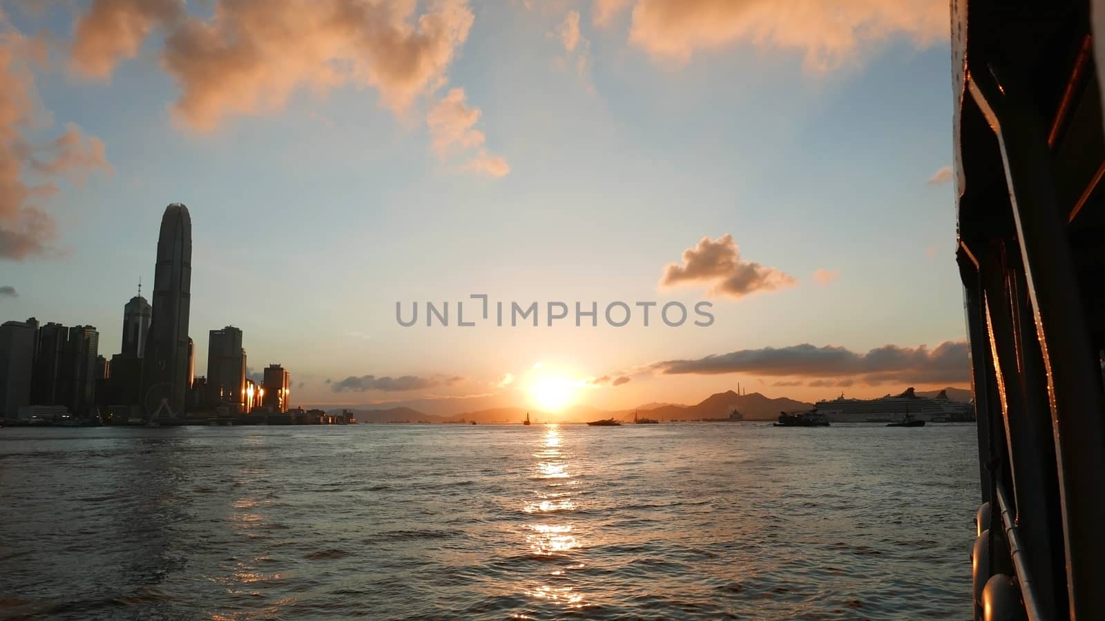 Hong Kong Victoria River and buildings at sunset