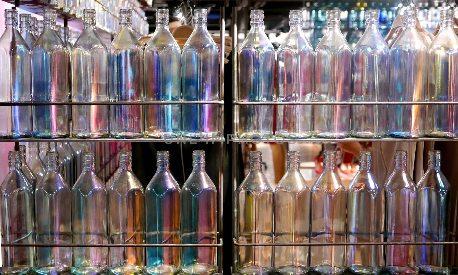 Interior decoration by empty vintage glass bottles