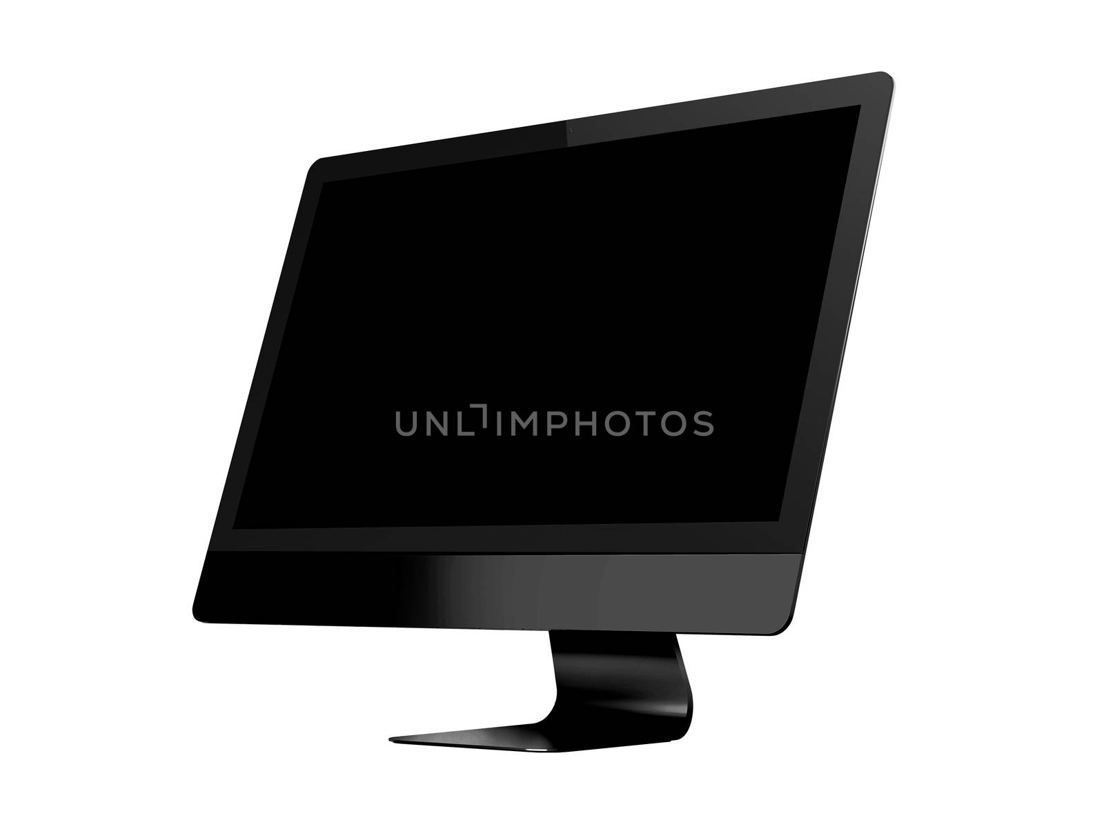 Isolated dark grey professional computer and black blank screen on white background side view