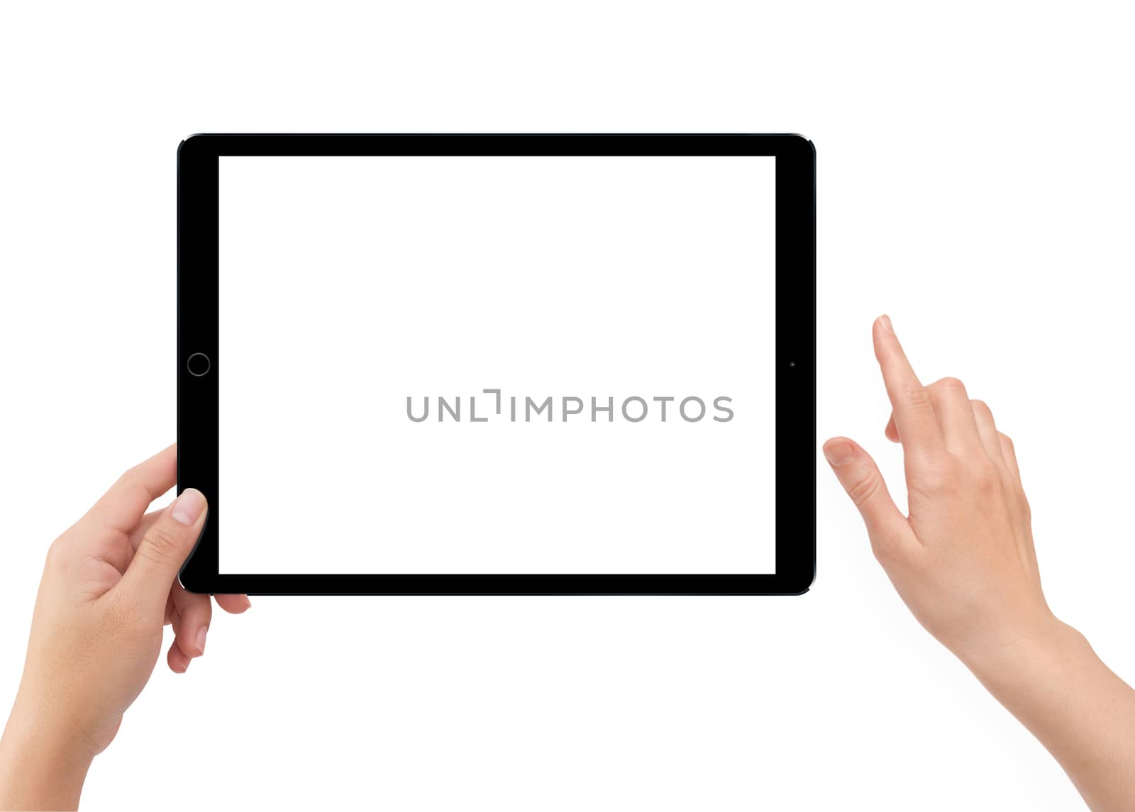 Isolated human left hand holding black tablet computer white screen mockup on white background