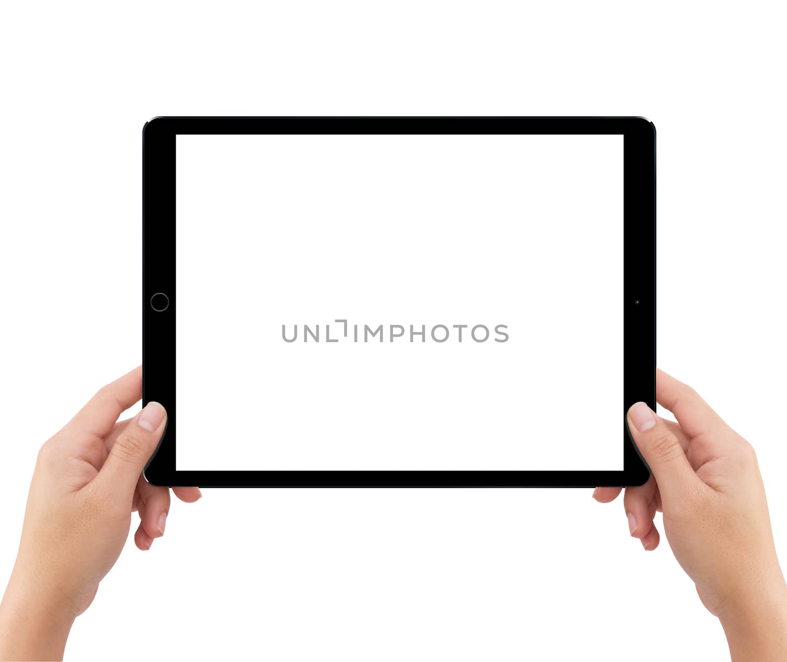 Isolated human two hands holding black tablet computer white screen mockup on white background