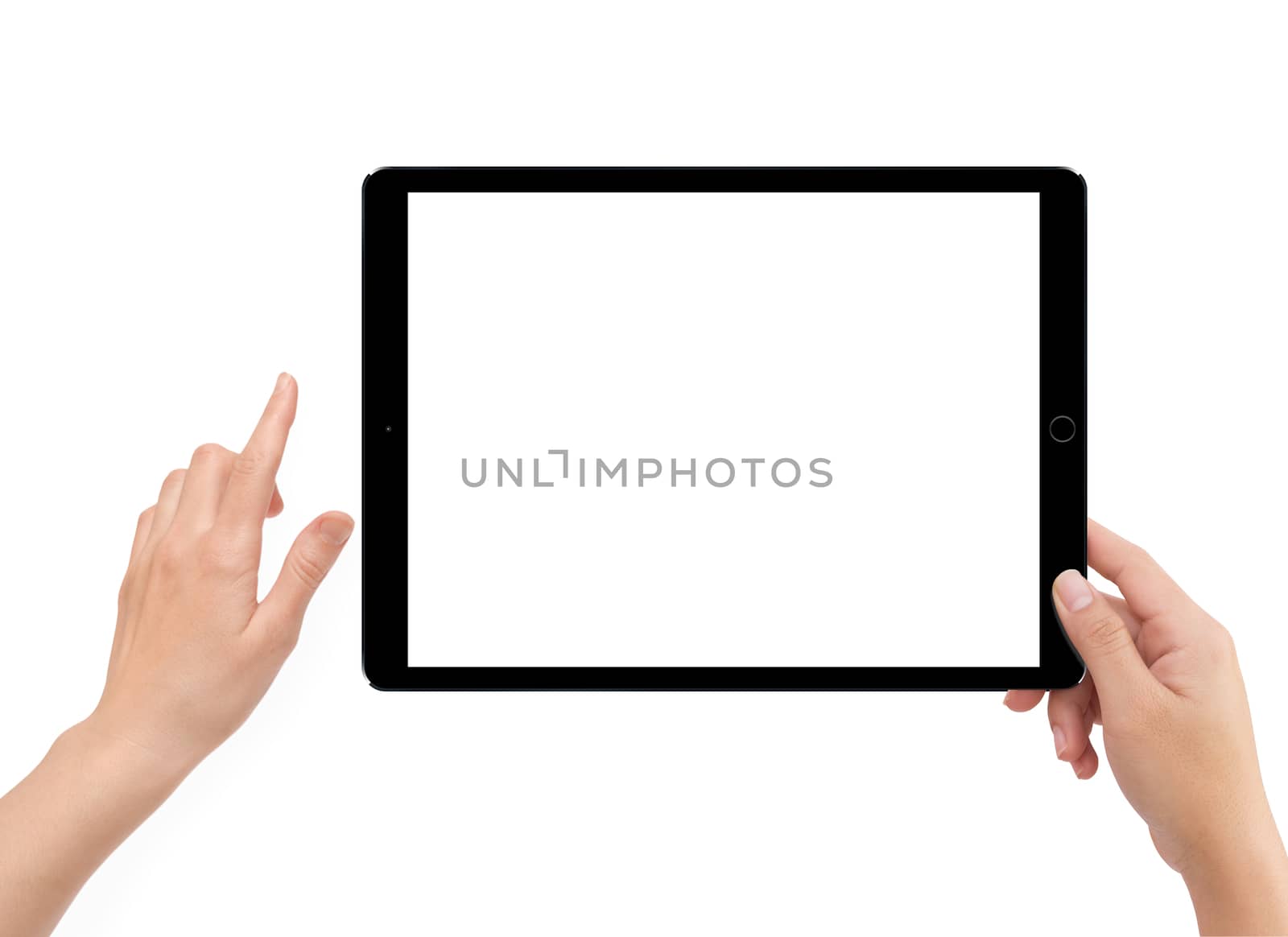 Isolated human right hand holding black tablet computer white screen mockup on white background