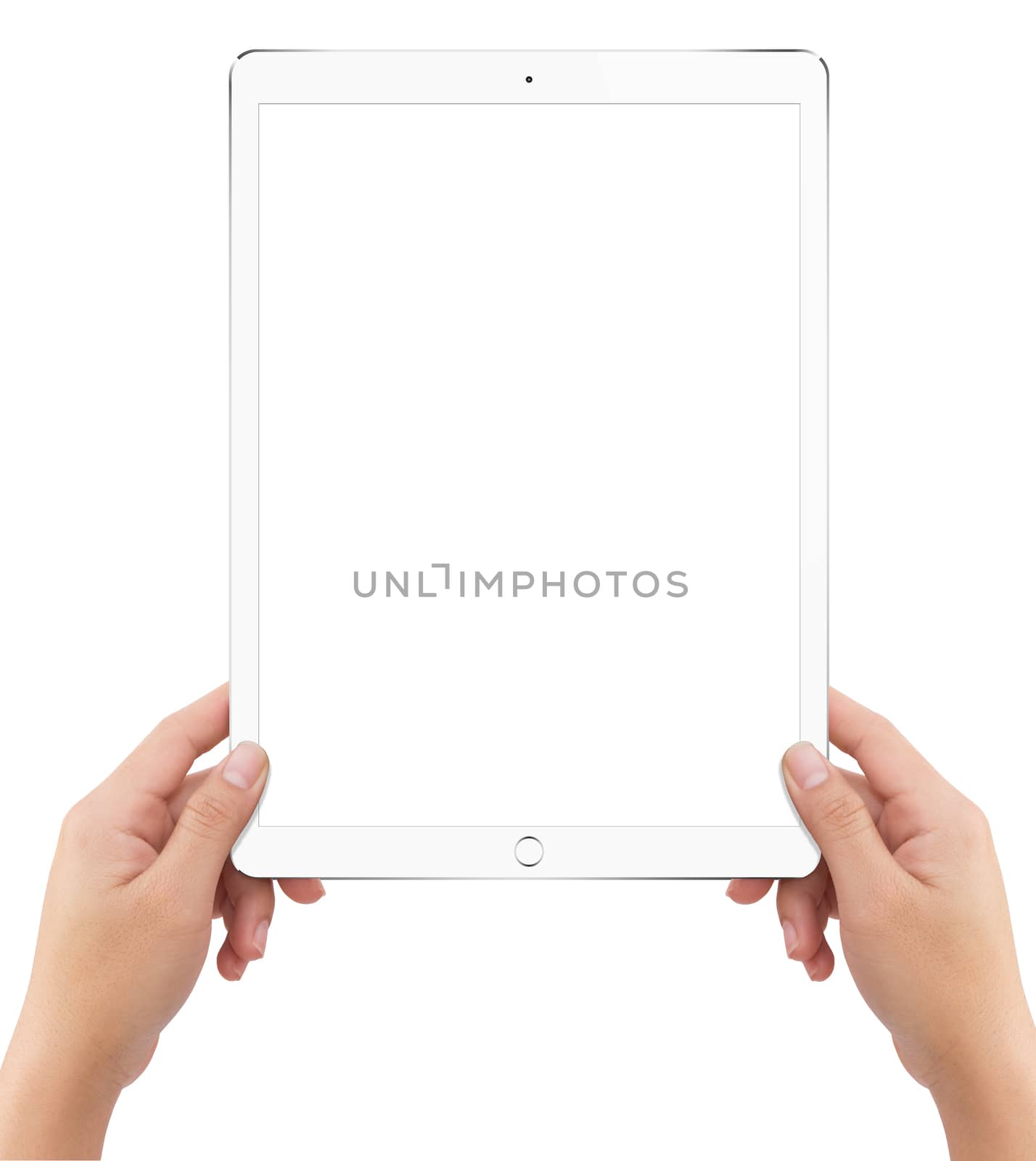 Isolated human two hands holding white tablet computer which screen mockup on white background
