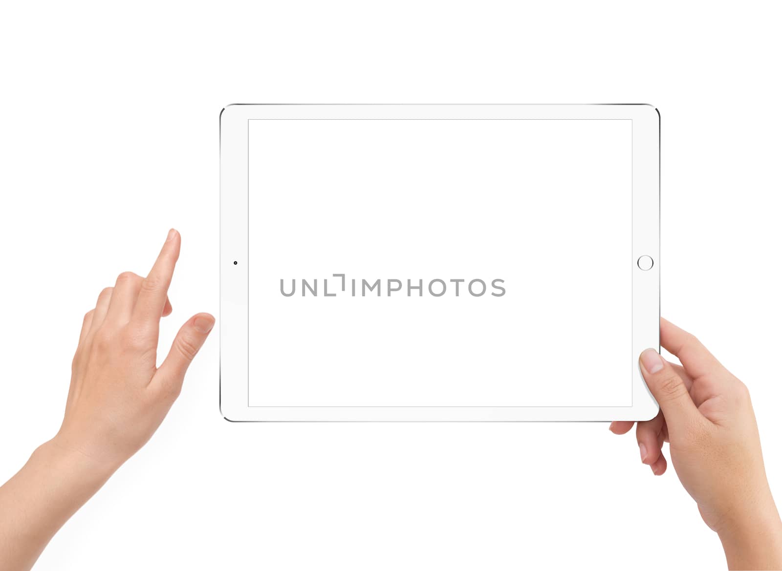 Isolated human right hand holding white tablet computer white screen mockup on white background