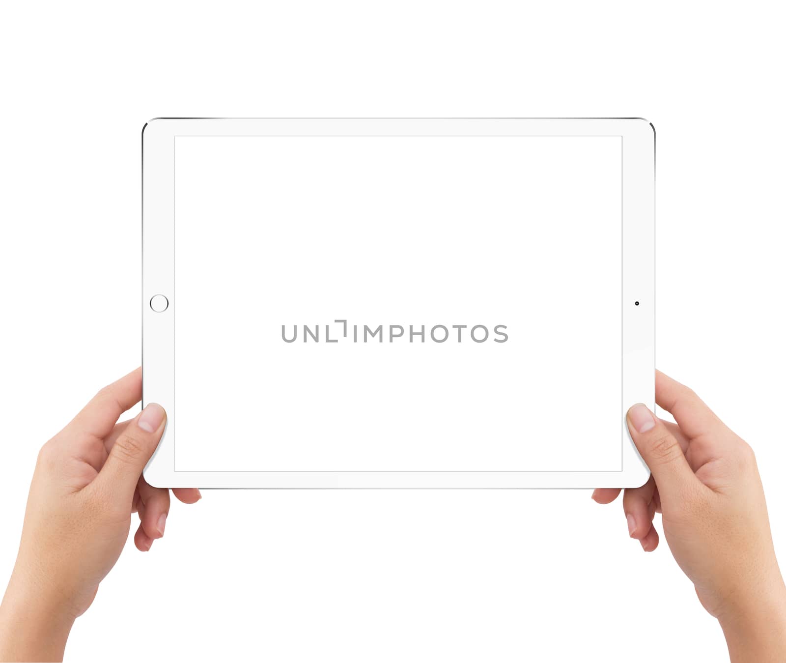 Isolated human two hands holding white tablet computer white screen mockup on white background