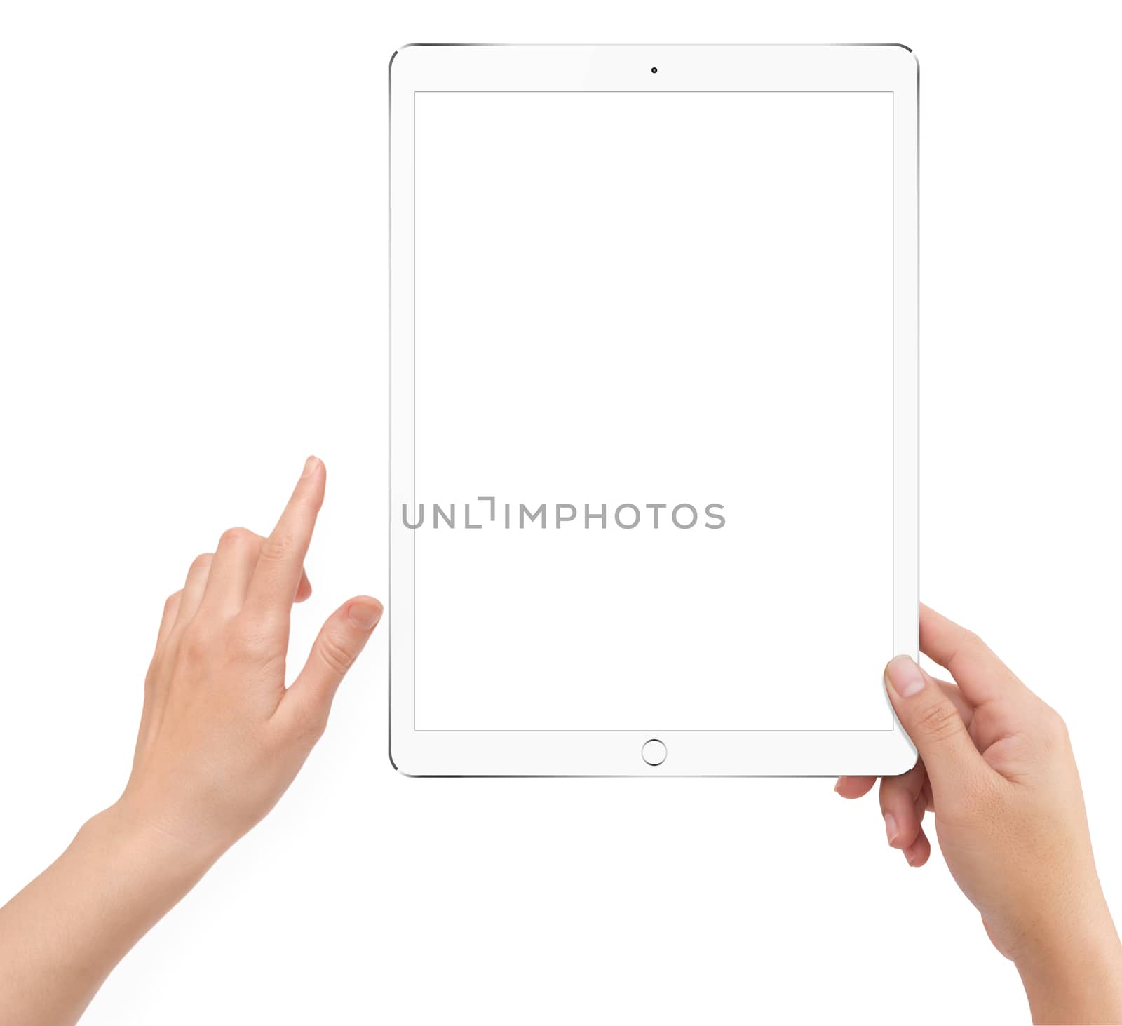Isolated human right hand holding white tablet computer by cougarsan