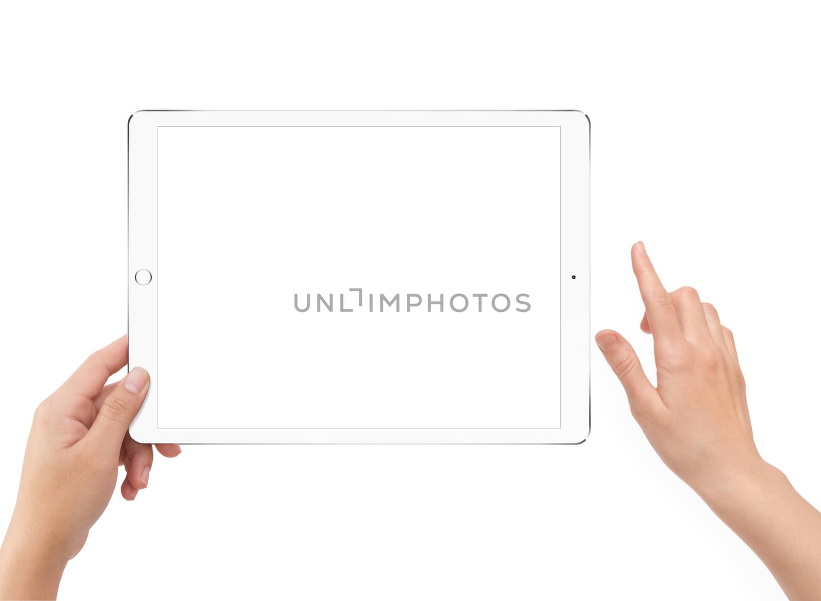 Isolated human left hand holding white tablet computer by cougarsan